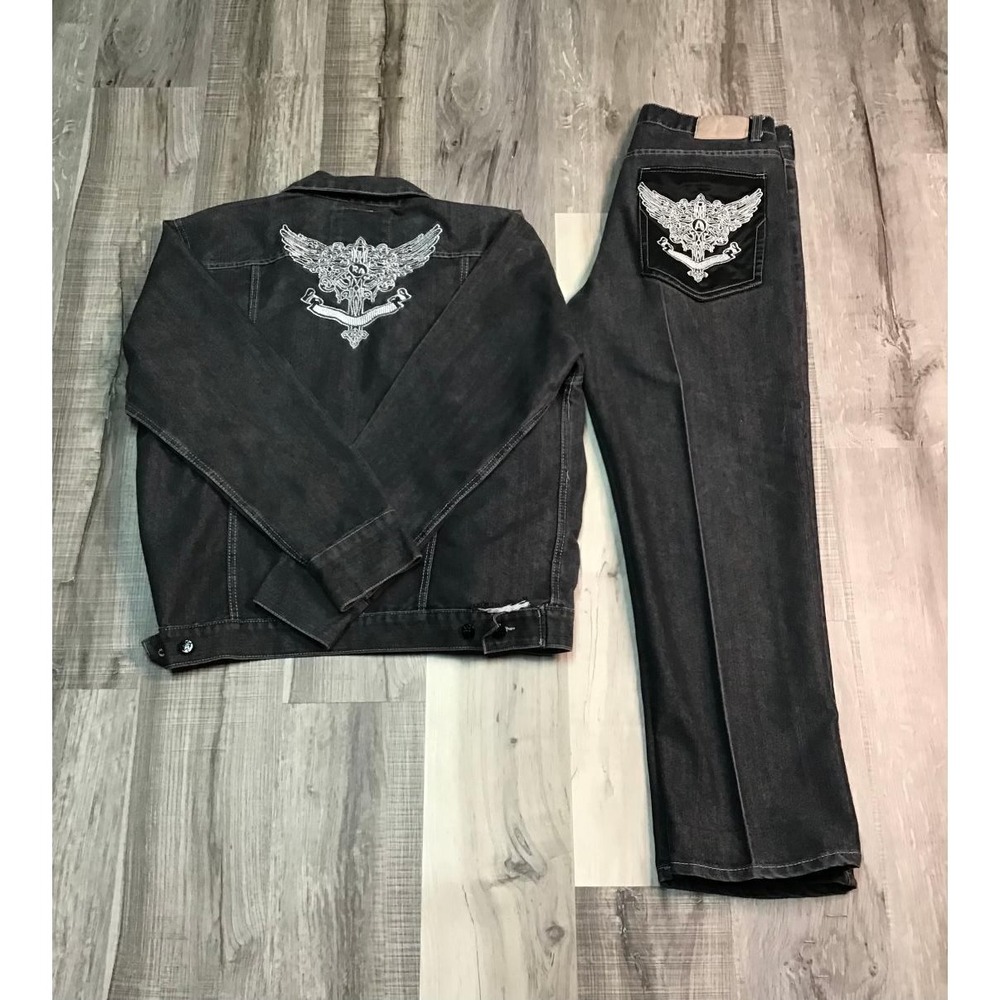 Red Ape Mens Black Denim Embroidered Jacket and Jeans 36x32 L Streetwear Hip Hop